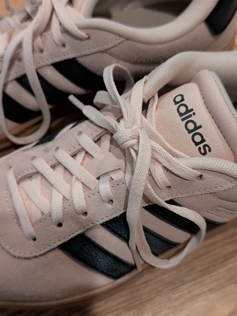 adidas Womens Suede Sneakers in Light Pink with Navy Stripes and Gum Sole - Picture 2 of 7